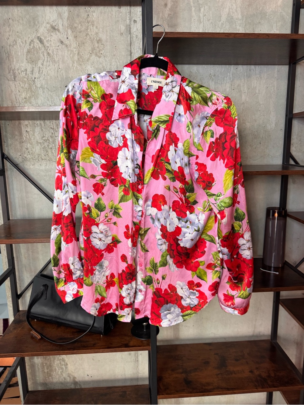 L'AGENCE Silk Pink Floral Button-Down Blouse with Red & White Blooms
